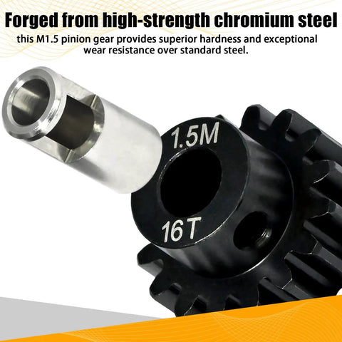 M1.5 16T Pinion Gear With 8mm Bore And 8mm To 5mm Shaft Adapter Sleeve in chromium steel for RC cars