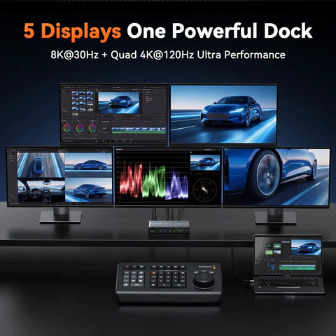 Slick Five Monitor Docking Station With Beefed Up Cooling Fan Handles Killer Eight K Plus Quad Four K 120Hz Panels on a desk setup.