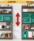 Heavy Duty 2000 Lb 5 Tier Metal Garage Shelving Unit With Wood Shelves, adjustable height feature shown, kitchenware displayed