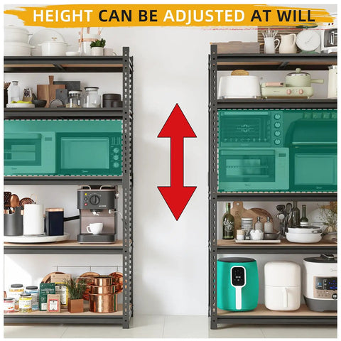 Heavy Duty 2000 Lb 5 Tier Metal Garage Shelving Unit With Wood Shelves, adjustable height feature shown, kitchenware displayed