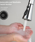 Close-up of Three Function Pull Down Kitchen Faucet Head Replacement With 12 Adapters Chrome Finish for Moen Delta Kohler Sinks, with water flow.