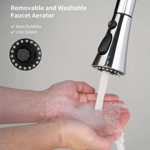 Close-up of Three Function Pull Down Kitchen Faucet Head Replacement With 12 Adapters Chrome Finish for Moen Delta Kohler Sinks, with water flow.