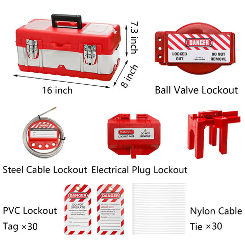 90 Piece Lockout Tagout Kit with Red Tool Box for Electrical Safety, 5 Types of Lockouts, Clamp On Breaker Lockouts, Safety Padlocks