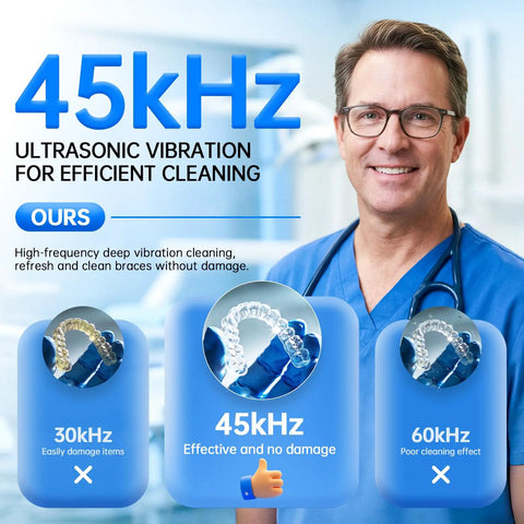 Doctor promoting Go-To Ultrasonic Retainer Cleaner Pod with 45kHz deep cleaning and digital timer for denture care.