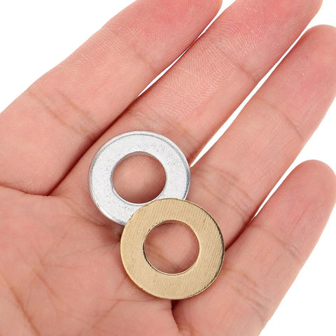 120 Piece Assorted Flat Washer Kit Featuring Nylon Brass and White Zinc Spacers With O Ring Gaskets M10x20 Size Perfect Replacement Washers For Household Screws Decks DIY Projects And Industrial Use, brass and zinc washers in hand