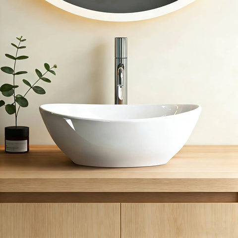 NUESTRA VIDA Overhead Sink Oval Ceramic 16.1 * 13 * 5.5 IN - Small Bathroom Hand Sink on wooden countertop with faucet.