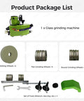 Heavy Duty Handheld Glass Edge Polisher With Ten Grinding Wheels And 8000 RPM For Smooth As Silk Straight Or Rounded Corners On Acrylic Marble Ceramic Tile Job Ready product package list including grinding machine, wheels, and tools.