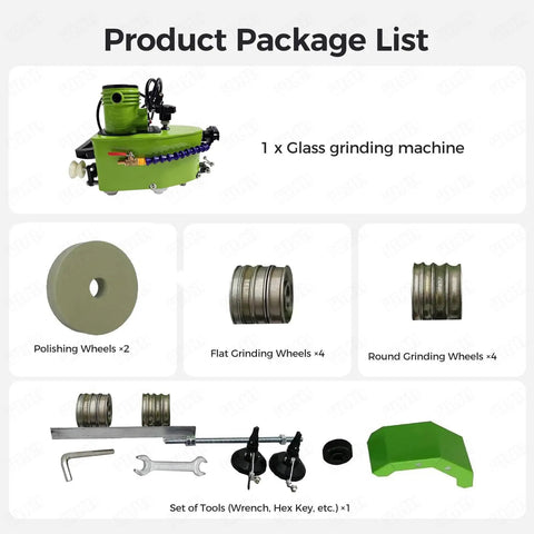 Heavy Duty Handheld Glass Edge Polisher With Ten Grinding Wheels And 8000 RPM For Smooth As Silk Straight Or Rounded Corners On Acrylic Marble Ceramic Tile Job Ready product package list including grinding machine, wheels, and tools.