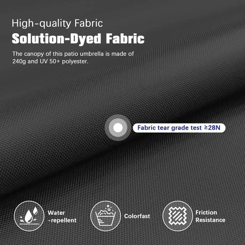 High-quality solution-dyed fabric for patio umbrella, 240g, UV 50+ polyester, water-repellent, colorfast, friction resistant.