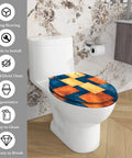 Elongated Toilet Seat for Bathroom with colorful geometric design, measuring 14.5" x 18.5", easy to install and clean.