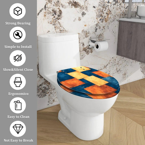 Elongated Toilet Seat for Bathroom with colorful geometric design, measuring 14.5" x 18.5", easy to install and clean.
