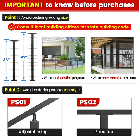 Comparison chart showing L Drilled Corner Post 36 Inch Tall 2 By 2 Fixed Top Cable Railing Post specifications for residential use.