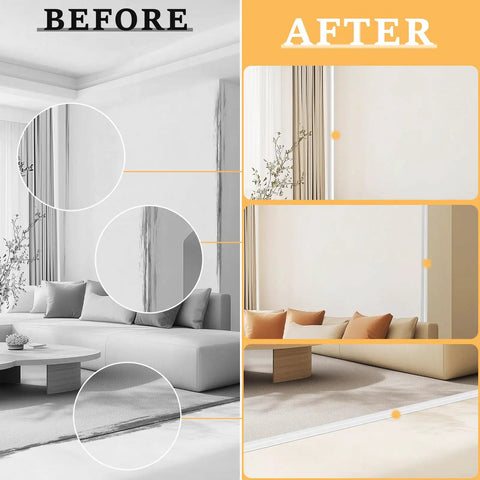 Comparison image of room showing before and after using Easy Peasy Peel And Stick Wall Corner Guard, Flexible Tpe Edge Strip.