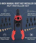 Rivet Nut Tool Set 13 Inch Heavy Duty Carbon Steel Kit with red U-shaped arm and accessories on display.