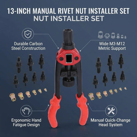 Rivet Nut Tool Set 13 Inch Heavy Duty Carbon Steel Kit with red U-shaped arm and accessories on display.