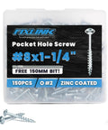 Pocket Hole Screws Size Eight One And One Quarter Inch, 150 Piece Zinc Coated Square Drive Kit in clear box with 150 mm drive bit