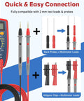 11 Piece Multimeter Leads Kit With Back Probes And Dual Ended Alligator Clips Crocodile Clips For Electrical Testing And Automotive Diagnostics shown with meter, leads, and probes.