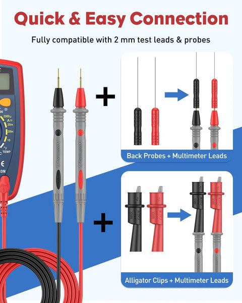 11 Piece Multimeter Leads Kit With Back Probes And Dual Ended Alligator Clips Crocodile Clips For Electrical Testing And Automotive Diagnostics shown with meter, leads, and probes.