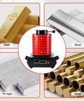 1800W Electric Gold Melting Furnace With Graphite Crucible Reaches 1100 Degrees Celsius In Minutes Built For Melting Gold Silver Copper And Aluminum Up To 1kg Fast Heating And Precise PID Control Your Go To Jewelry And Metal Casting Tool, shown with gold, silver, tin ingot, and brass options