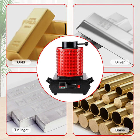 1800W Electric Gold Melting Furnace With Graphite Crucible Reaches 1100 Degrees Celsius In Minutes Built For Melting Gold Silver Copper And Aluminum Up To 1kg Fast Heating And Precise PID Control Your Go To Jewelry And Metal Casting Tool, shown with gold, silver, tin ingot, and brass options