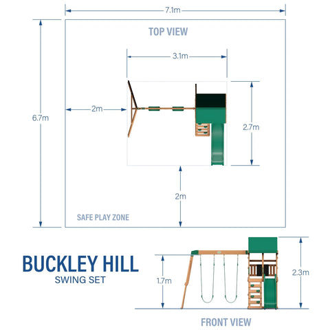 Top and front view dimensions of Buckley Hill Cedar Wood Swing Set With Wave Slide, Elevated Play Deck, Rock Wall Ladder, Belt Swings, Chalkboard.