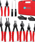 Ten Piece Snap Ring Pliers Set For Automotive Retaining Rings Removal And Installation Including Internal And External Circlips With Straight And Bent Jaw, Hook And Pick Tools In A Garage Ready Storage Case displayed in red case.