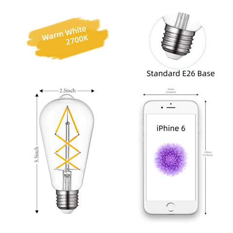 Dimmable E26 LED Edison Bulb 60W Equivalent Clear Glass 2700K Soft White Old School Filament Bulbs For Ceiling Fans Porch Bathroom