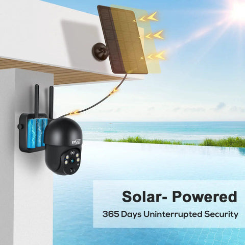 Solar Powered Outdoor Security Cam Wire Free With 360 Degree View And 2K PTZ Color Night Vision Human Detection mounted poolside