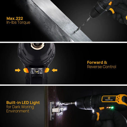 Beast Cordless Hammer Drill Kit 12V with LED light, dual speed, and forward-reverse control, drilling metal and wood in dark conditions.