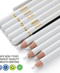 White Charcoal Pencils Set, 5 Piece For Dark Paper Sketching And Shading, close-up view showcasing pencil tips and packaging.