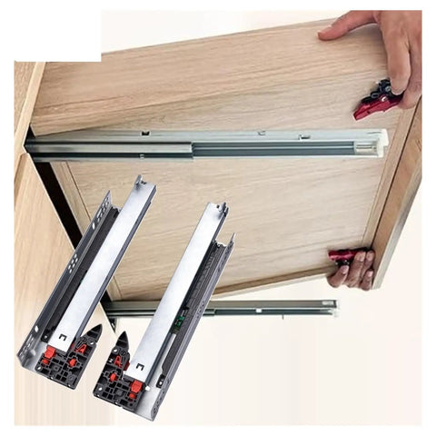 Heavy Duty Undermount Concealed Drawer Slides Featuring Hella Smooth Glide Motion And Professional Grade Steel Construction For Kitchens And Workshops Built Tough Without Any Exposed Mounting Parts 1 Pair being installed in a wooden drawer.