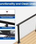 4 Ft Black Cable Railing Handrail With Rectangular Stainless Steel Profile For Indoor And Outdoor Deck And Stair Railing System Weldless Design Adjustable Length Low Maintenance Easy To Clean Includes User Guide on deck with graphics
