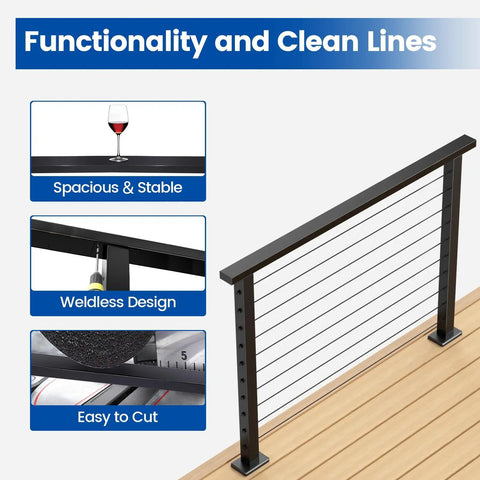 4 Ft Black Cable Railing Handrail With Rectangular Stainless Steel Profile For Indoor And Outdoor Deck And Stair Railing System Weldless Design Adjustable Length Low Maintenance Easy To Clean Includes User Guide on deck with graphics
