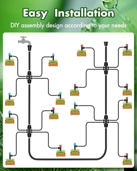 Installation diagram of 95.5 Feet Drip Irrigation Kit For Automatic Garden Watering With One Half Inch And One Quarter Inch Tubing.