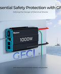 Beefy 1000 Watt Pure Sine Wave Car Power Inverter 12V DC To 120V AC wall-mounted with GFCI safety feature visible