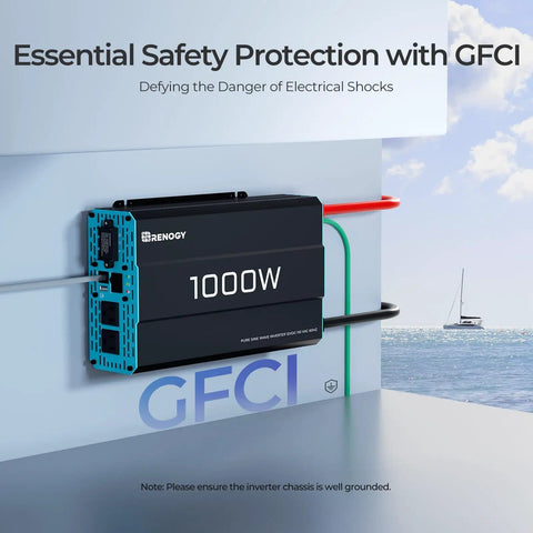 Beefy 1000 Watt Pure Sine Wave Car Power Inverter 12V DC To 120V AC wall-mounted with GFCI safety feature visible