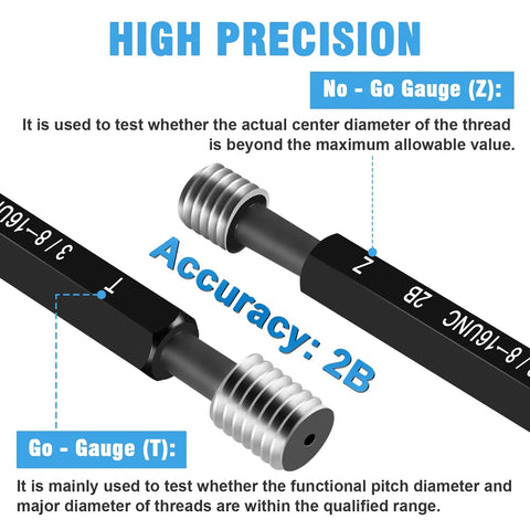 Close-up of Five Piece Imperial Thread Plug Gauge Set Pro Grade 2B Unified Thread Gauges with accuracy 2B marking.