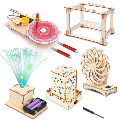 Wooden STEM Building Kit For Kids Ages 8 To 12 With Five Physics Models Including Newton Cradle Rainbow Fiber Optic Lamp
