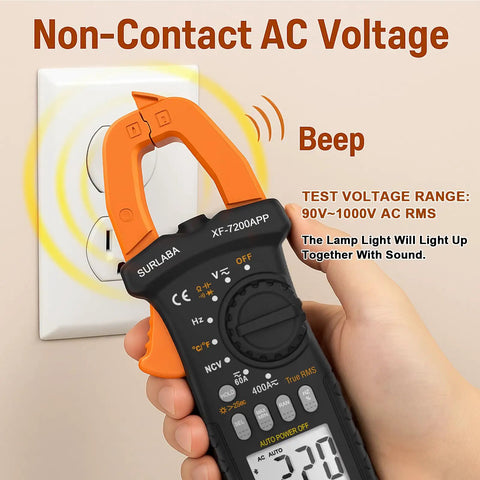 Bluetooth Clamp Meter For Electricians And DIY Projects TRMS 6000 Counts with NCV measuring AC voltage near wall outlet