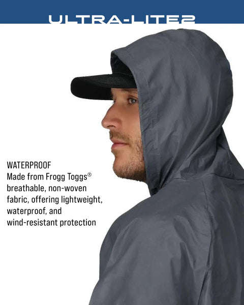 Man wearing Ultra Lite2 Waterproof Breathable Rain Suit With Jacket And Pants, side view of hood and upper detail