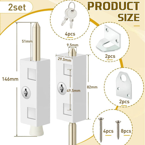 Two Piece Sliding Patio Door Lock Set With Keyed Lock Rectangle Security Bar For Glass Doors Heavy Duty Zinc Alloy And Steel Bolt Portable And Easy Install