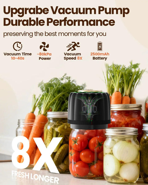 Upgraded Electric Mason Jar Vacuum Sealer Kit With Wide And Regular Mouth Lids, Strong 80 KPa Pump, 2500mAh Battery on jars