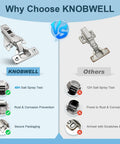 Top Rated Hidden Kitchen Cabinet Door Hinges For Full Overlay Doors visible in a comparison image showing advantages of KNOBWELL hinges.