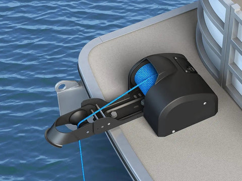 Rock Solid 45 Lbs Electric Boat Anchor Winch With Remote Control Saltwater Marine Windlass Kit on boat deck with braided blue rope.