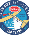 Guillow's logo with hand holding model plane, celebrating 100 years, related to 100th Anniversary Series French Spad VII Laser Cut Balsa Wood Model Kit