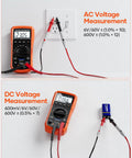 Digital Multimeter 6000 Counts showing AC and DC voltage measurements with test leads connected to a wall socket and battery.