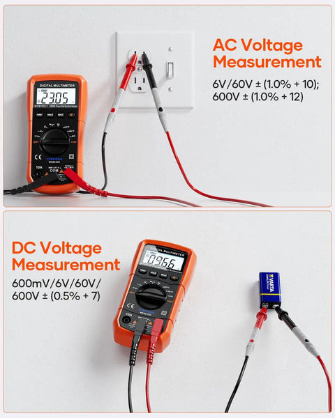 Digital Multimeter 6000 Counts showing AC and DC voltage measurements with test leads connected to a wall socket and battery.