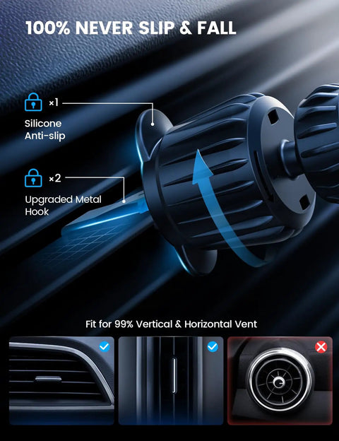 Silicone anti-slip and metal hook design of MagSafe Car Mount Charger With 15W Wireless Power, 20X Strong Magnets, for iPhone 17 Pro Max