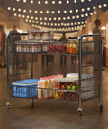 Heavy Duty Workhorse Two Tier Rolling Cart With Reinforced Wrought Iron Grid Shelves And Seamless Four Way Swivel Casters For No Hassle Storage Or Casual Serving In Polished White, displaying food items on both tiers.