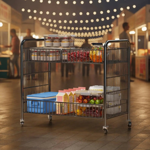 Heavy Duty Workhorse Two Tier Rolling Cart With Reinforced Wrought Iron Grid Shelves And Seamless Four Way Swivel Casters For No Hassle Storage Or Casual Serving In Polished White, displaying food items on both tiers.